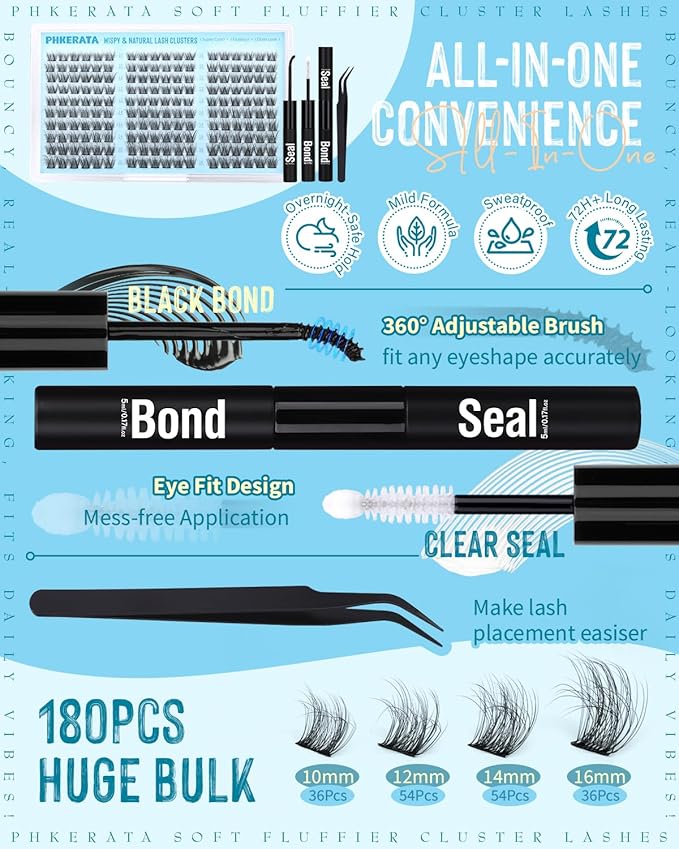 PHKERATA Lash Clusters Kit Natural Eyelash Clusters Wispy Lash Extension Kit 180Pcs Cluster Eyelash Extensions Kit 10-16mm C Curly Individual Lashes Soft with Lash Bond and Seal, Lash Tweezers