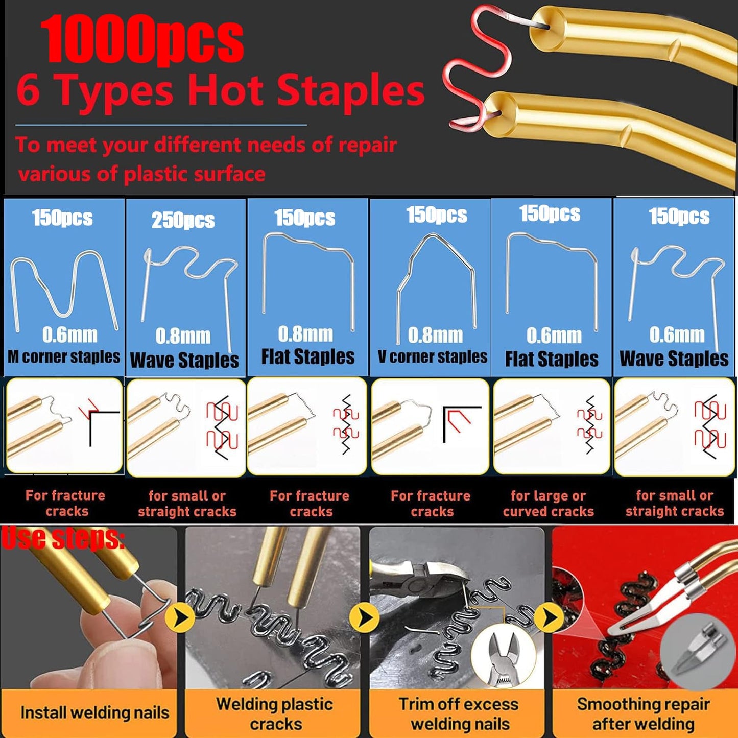 Upgraded 220W Plastic Welder, 2 in 1 Plastic Welding Kit Plastic Repair Welder Kit 1000PCS Hot Stapler Soldering Gun with 100PCS Plastic Welding Rods Car Bumper Repair Kit for Most Plastic Repair