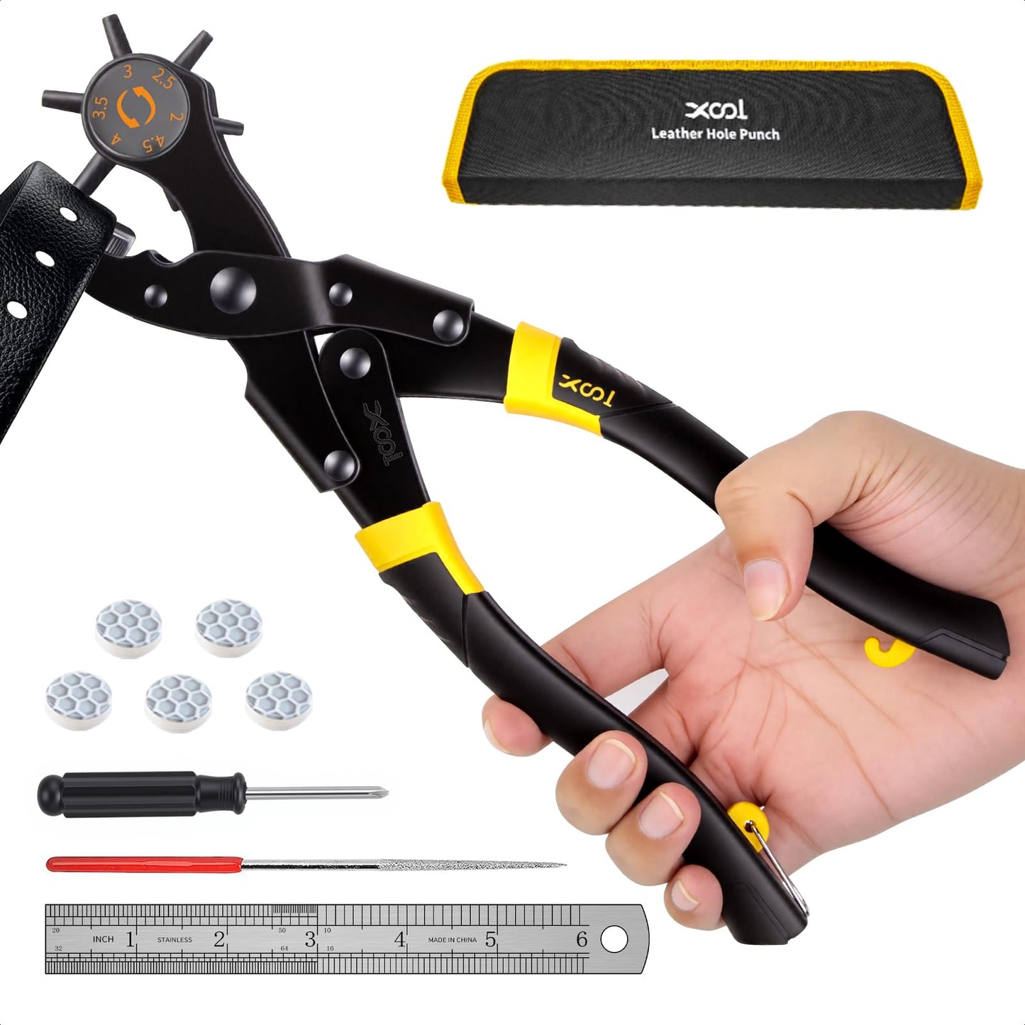 XOOL Upgraded Long Handle Leather Hole Punch Set, Punch Pliers with Effort-Saving Design, Ideal for Belts, Shoes, Saddles & DIY Leather Work
