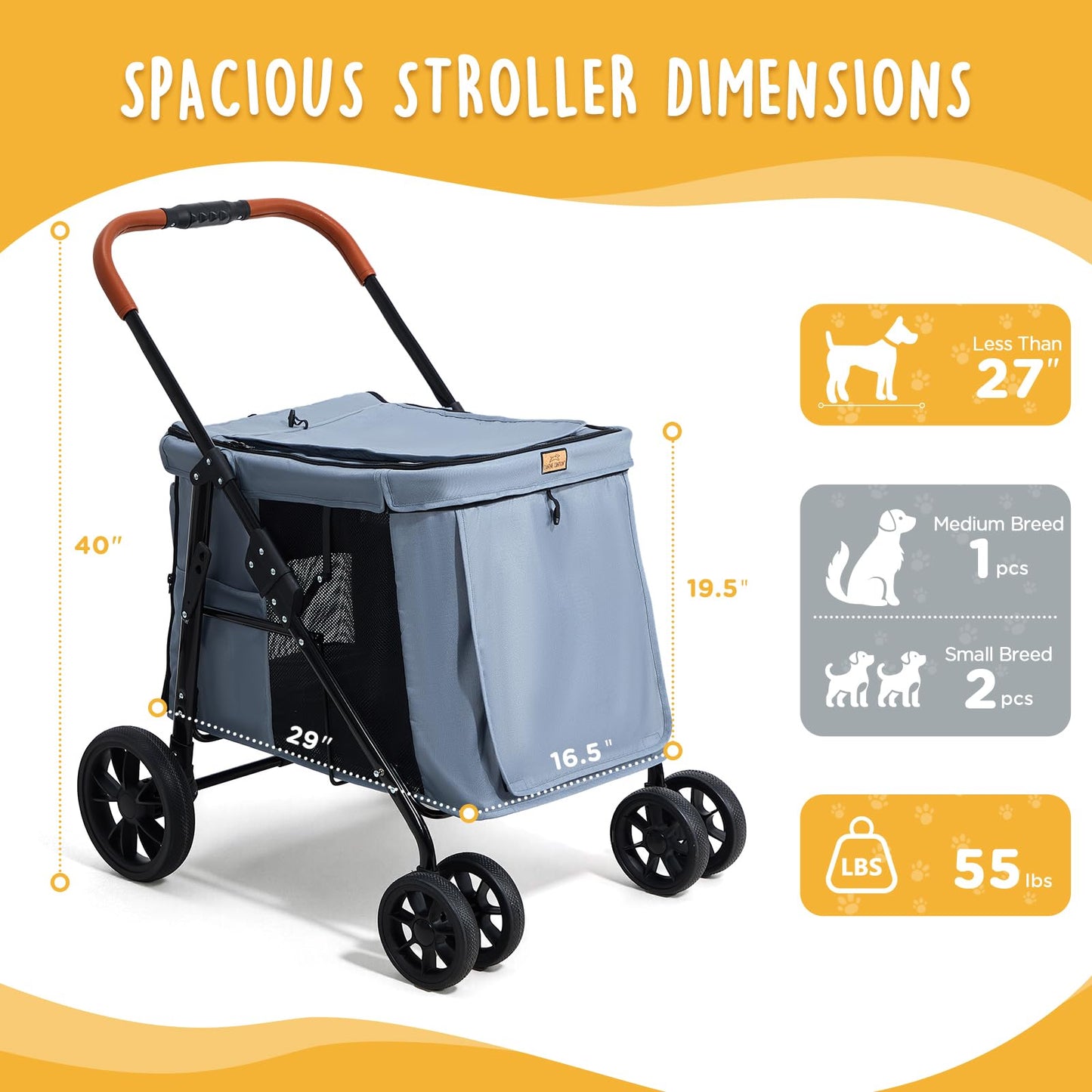 CANINE CANYON Scout Pet Stroller, Heavy Duty Dog Stroller for Large & Medium Dogs, Foldable Pet Stroller for 2 Dogs with All-Terrain Wheels, Storage Pocket & Cup Holder, 55 lbs Capacity, Grey