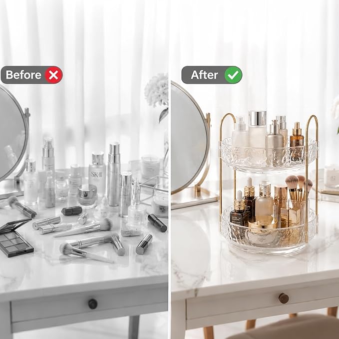 Fangoo 2 Tiers Clear Rotating Makeup Organizer for Vanity, 360 Spinning Skincare Organizers for Dresser Perfume Organizer Large Skincare Make up Storage Cosmetic Organizer for Bathroom Countertop