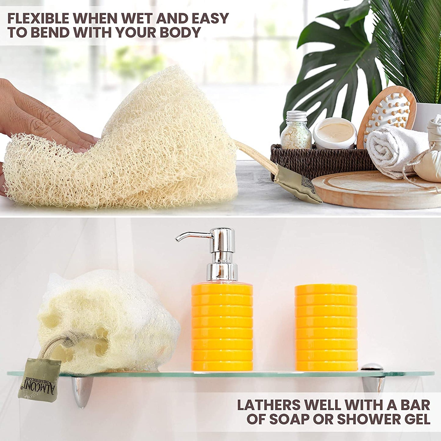Almooni Natural Loofah Exfoliating Body Scrubber for Men and Women, Real Round Egyptian Loofah Sponge with Consistent Scrub Texture, Large Natural Shower Sponge for Body Exfoliation, 2-Count