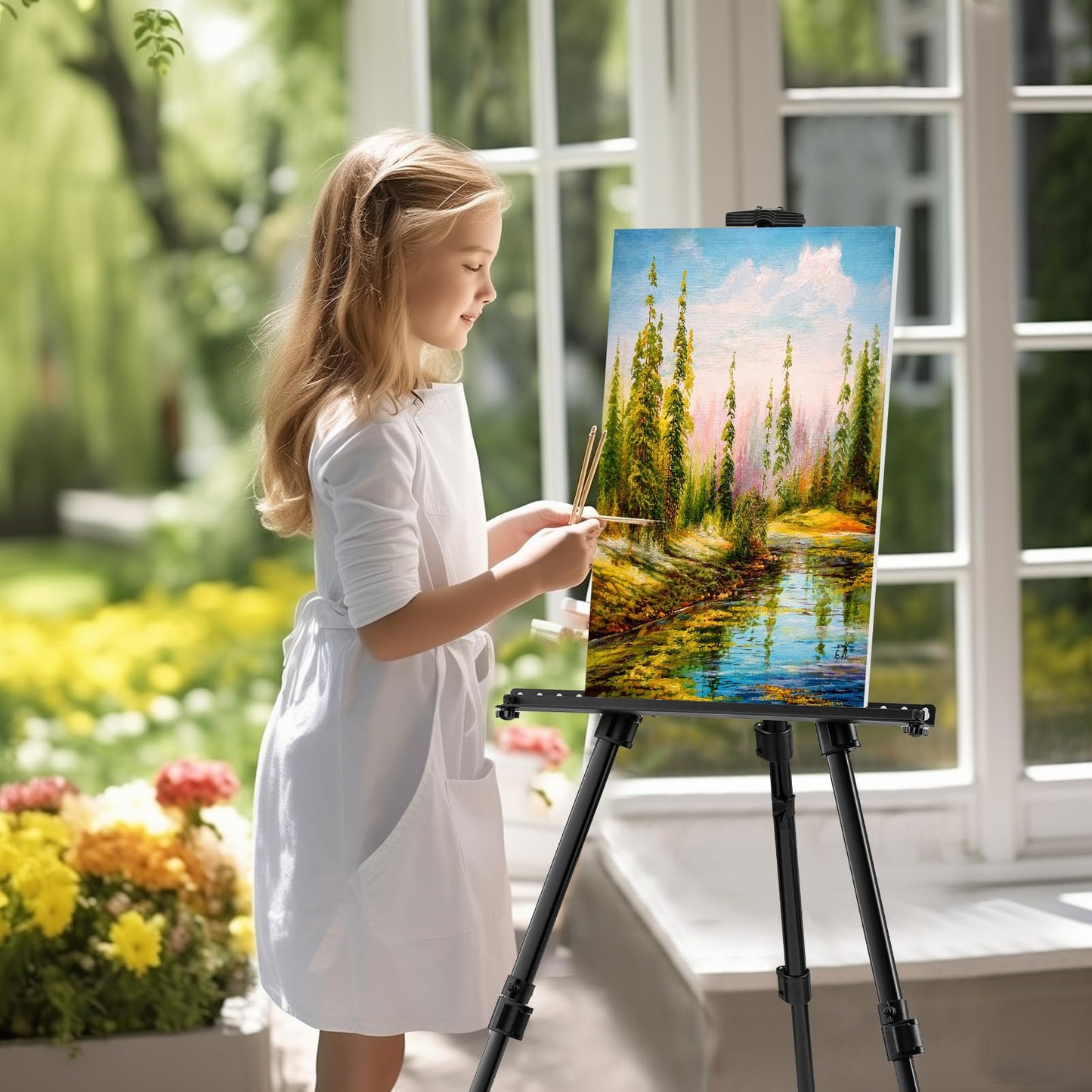 Art Easel for Painting and Display – 6pcs Adjustable Floor 66 Inch Folding Aluminum Easel Stand for Sign - Table Top Canvas Stand - Portable Drawing Paint Heavy Duty for Artist Adults Holder or Teen