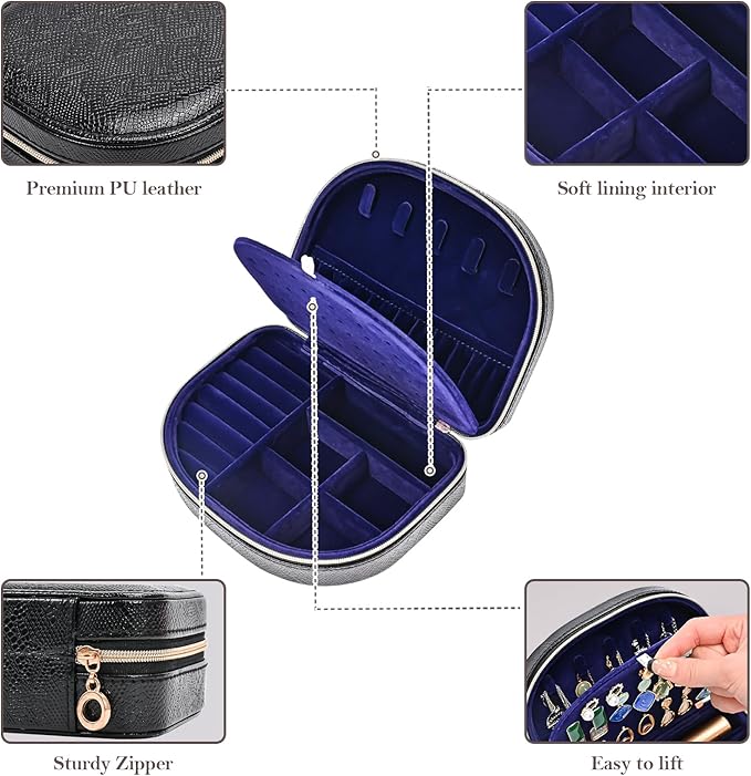 ProCase Travel Size Jewelry Box, Medium Portable Seashell-Shaped Jewelry Case, 2 Layer Mini Jewelry Organizer in PU Leather for Women -Glossy Black