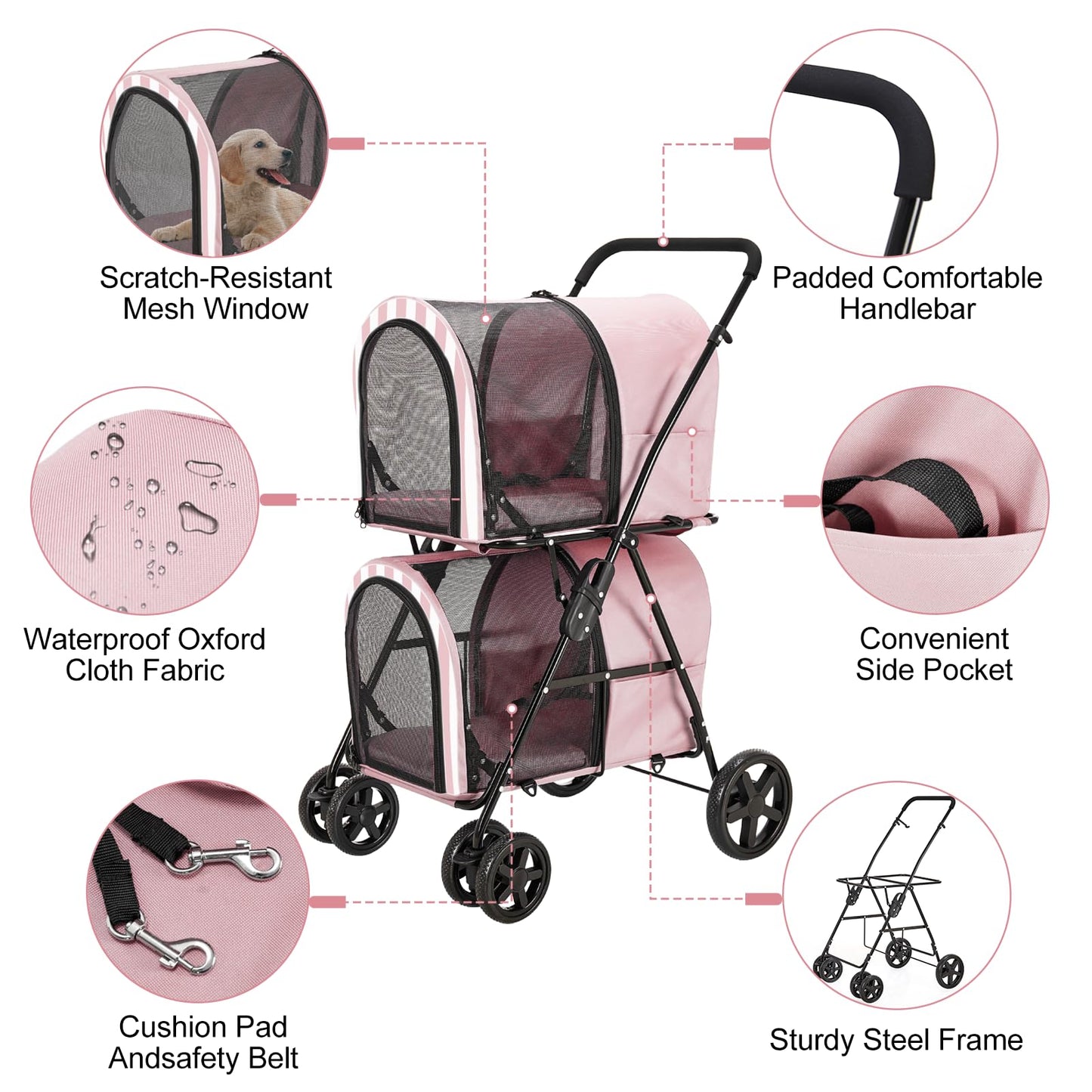 LPOTIUS Double Pet Stroller for Dogs and Cats with 2 Detachable Carrier, Quick-Folding Dog Stroller for Medium Small Dogs Cats, 4 Wheels, Light Pink