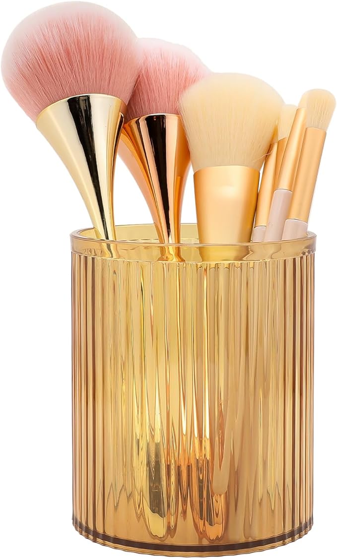 DASITON Makeup Brush Holder Organizer, Acrylic Makeup Brush Cup, Vintage Striped Make Up Brush Holder for Vanity, Bathroom Countertop, Toothbrush Holders, Pen Holder for Desk Storage (Yellow)