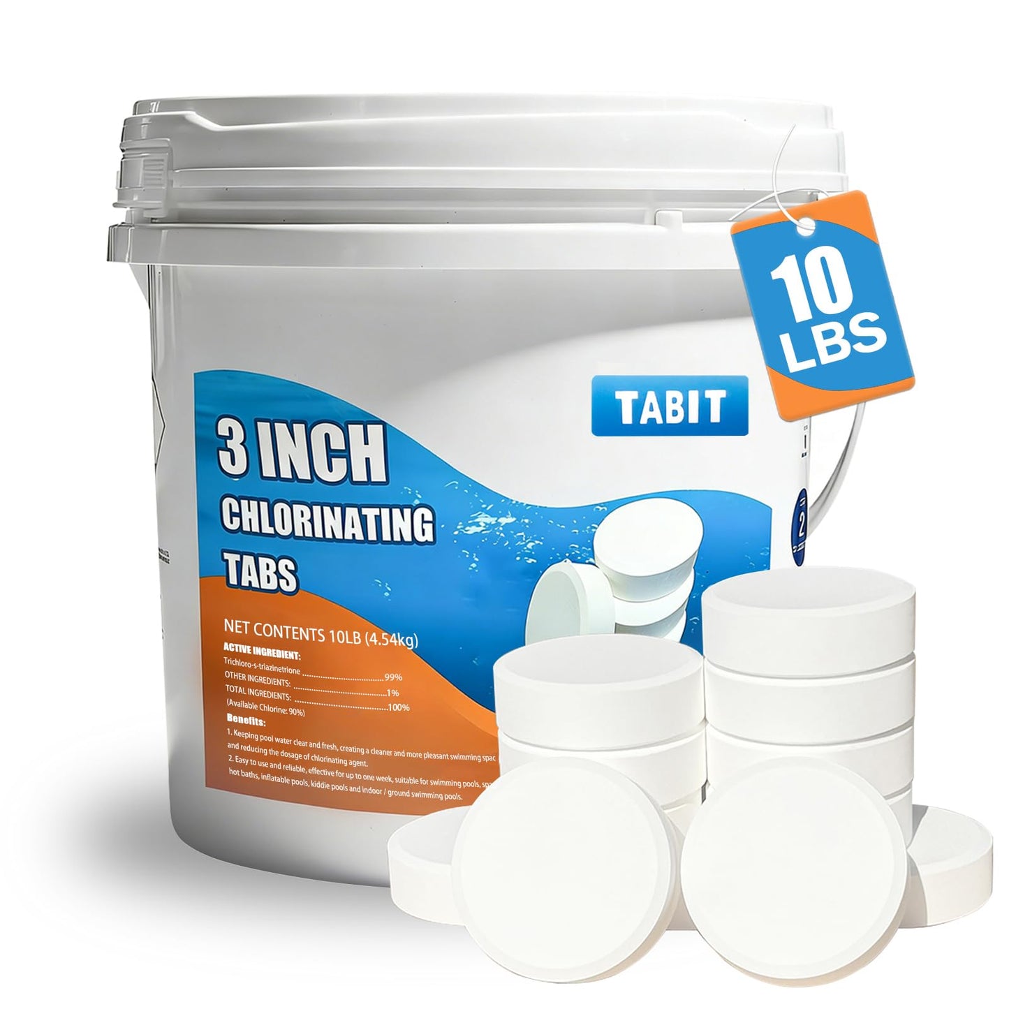 Chlorine Tablets 3 inch 10 Pounds, TABIT Swimming Pool Long Lasting Chlorinating Tablets, Slow Dissolving, Tri-Chlor for Swim Pool, Hot Tubs, Spa
