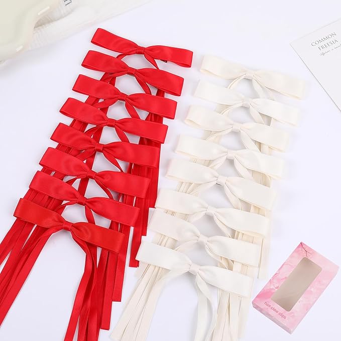 Red Hair Bows Clips Coquette Ribbon Bowknot with Long Tail Princess Hair Bows French Barrettes Hair Accessories for Women Girls 16PCS (Red, Cream)