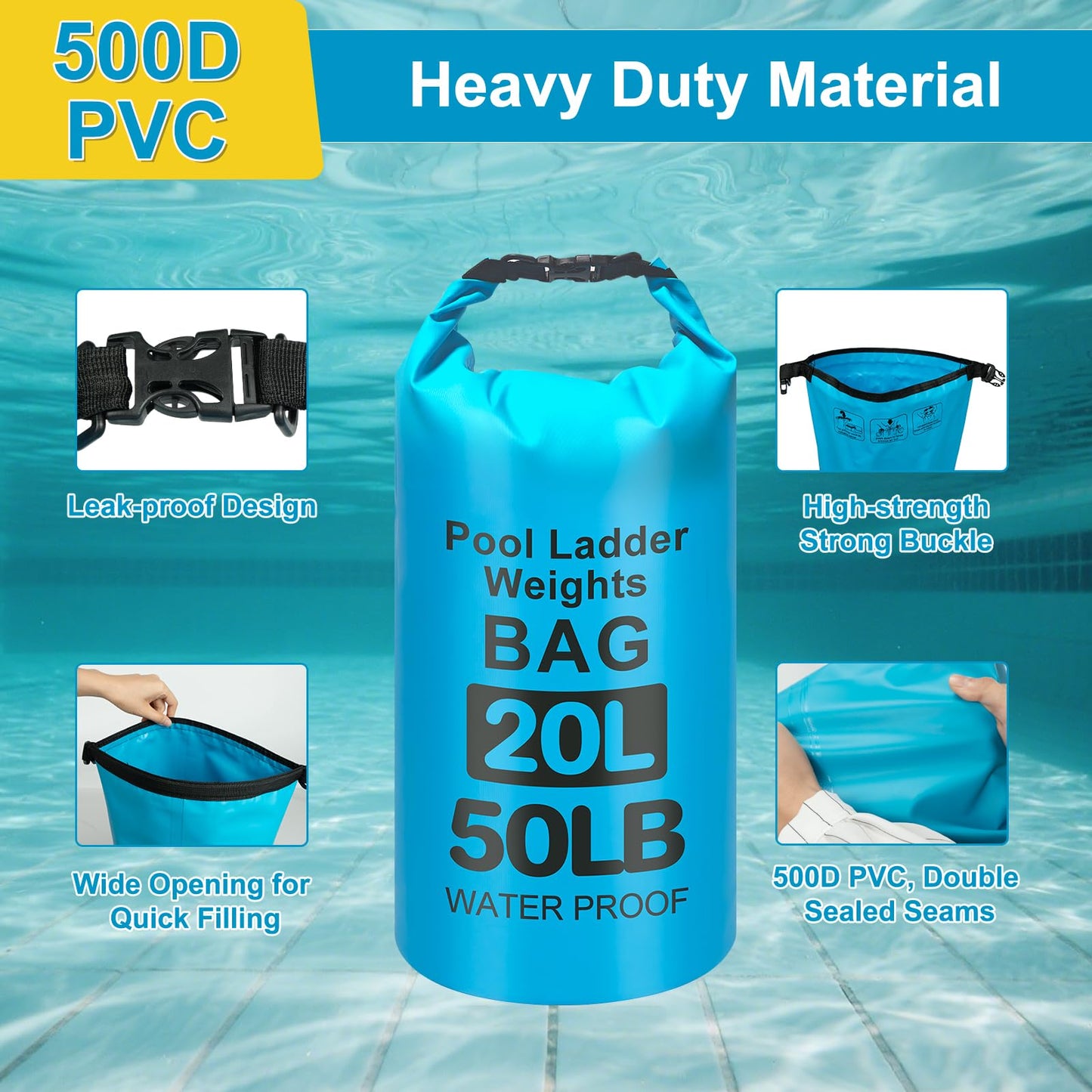 50LB Heavy Duty Pool Ladder Weights for Above Ground Pools, 20L Universal Pool Step Weights, 500D VPC Waterproof Pool Stair Weights, Easy Fill Sand Bags for Pool Steps, Foldable, Leak-Proof, 2PCS