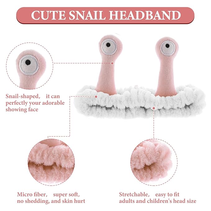 Face Wash Headband, Palm and Snail Spa Hair Bands Makeup Headbands Women Cartoon Cute Coral Fleece Elastic Headband Creative Hair Accessories for Washing Face Shower Sports (Pink&White)