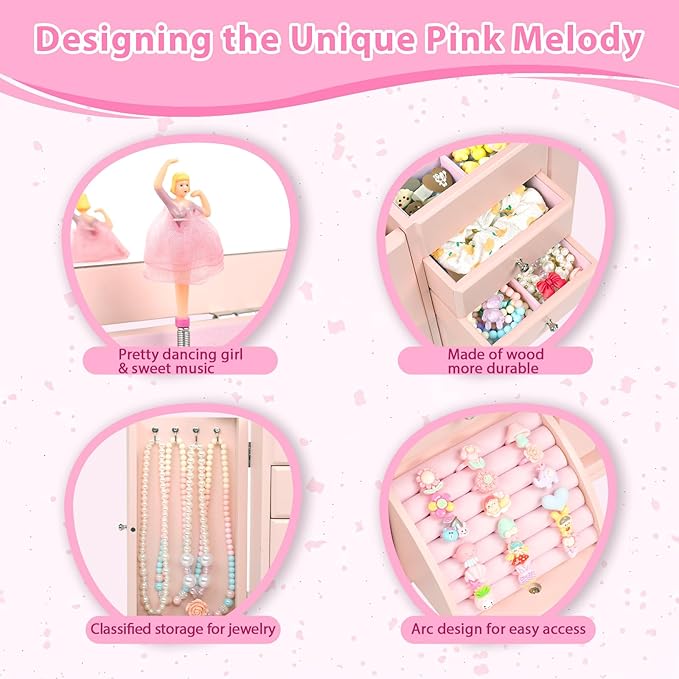 Emfogo Musical Jewelry Box for Girls, Large Kid Music Box with Ballerina for Birthday Bedroom Decor, 5 Layer Girl Jewelry Gifts for Girls Kids - Pink