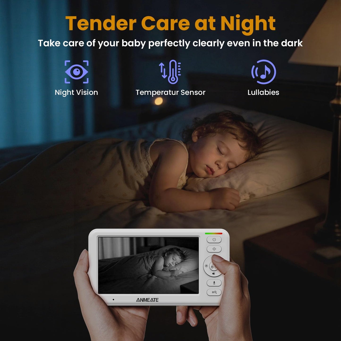 ANMEATE 5" HD Video Baby Monitor with Camera and Audio - No WiFi, 48H Battery Life,720P Remote Pan Tilt Zoom, Two-Way Talk, Night Vision, Thermal Room Monitor, Lullabies & White Noise, 1000ft Range
