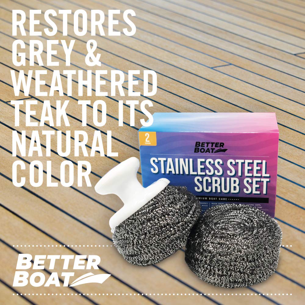 Stainless Steel Scrubber Set, Marine Grade Steel Wool Scouring Pads Scrub with Brush Handle, Heavy Duty Cleaning Supplies for Kitchen,Teak Wood, Outdoor Furniture, and Metal