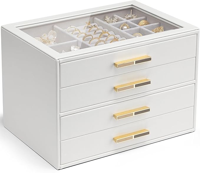 Vlando Jewelry Box for Women, Glass Lid Jewelry Organizer with 4 Drawers for Necklaces Rings Earrings Bracelets Christmas Gift - White