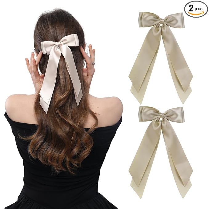 LuSeren 2 PCS Double Layer Hair Bows Gold Hair Ribbon Clips Ponytail Holder Accessories for Women Girls Toddlers Teens Kids