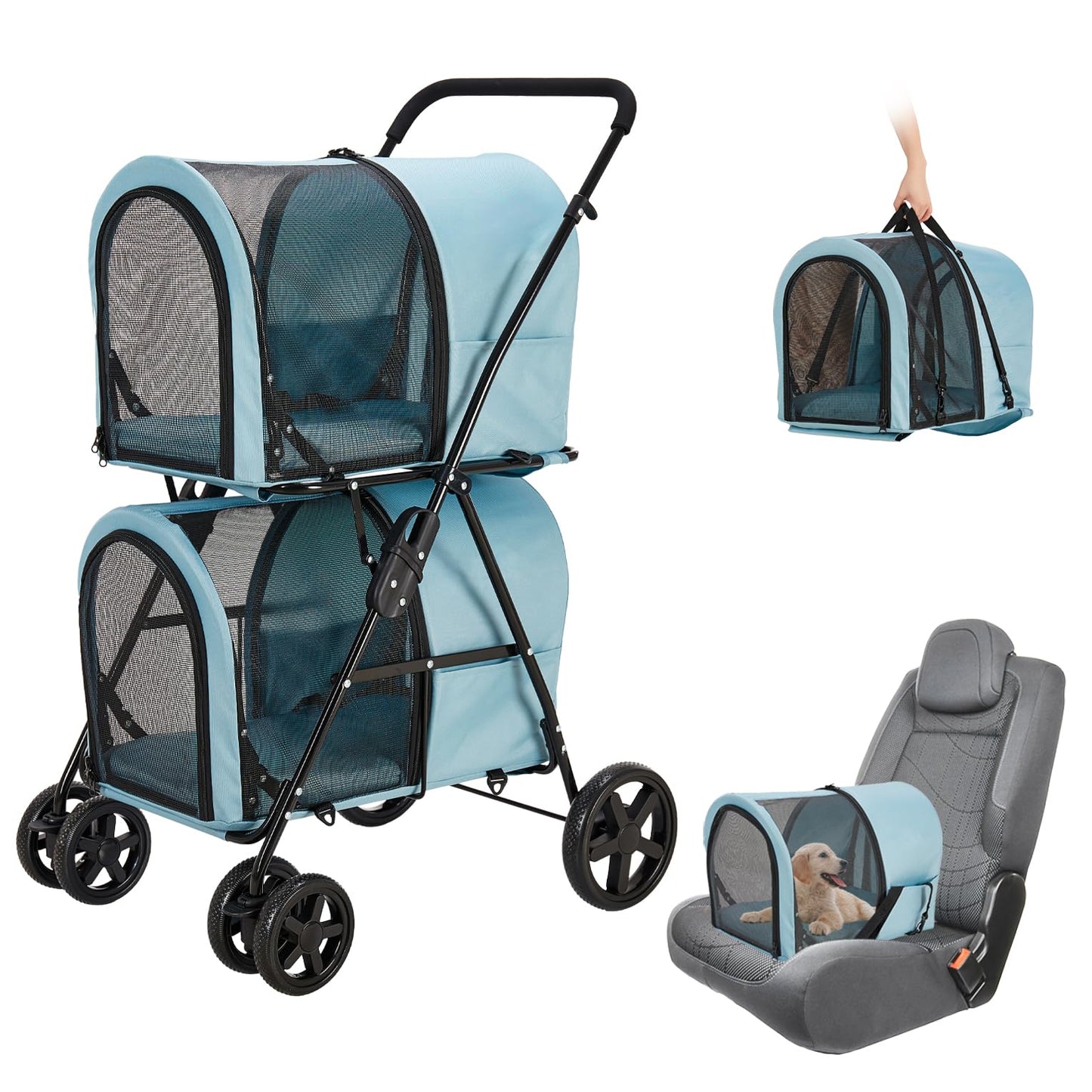 LPOTIUS Double Pet Stroller for Dogs and Cats with 2 Detachable Carrier, Quick-Folding Dog Stroller for Medium Small Dogs Cats, 4 Wheels, Light Blue