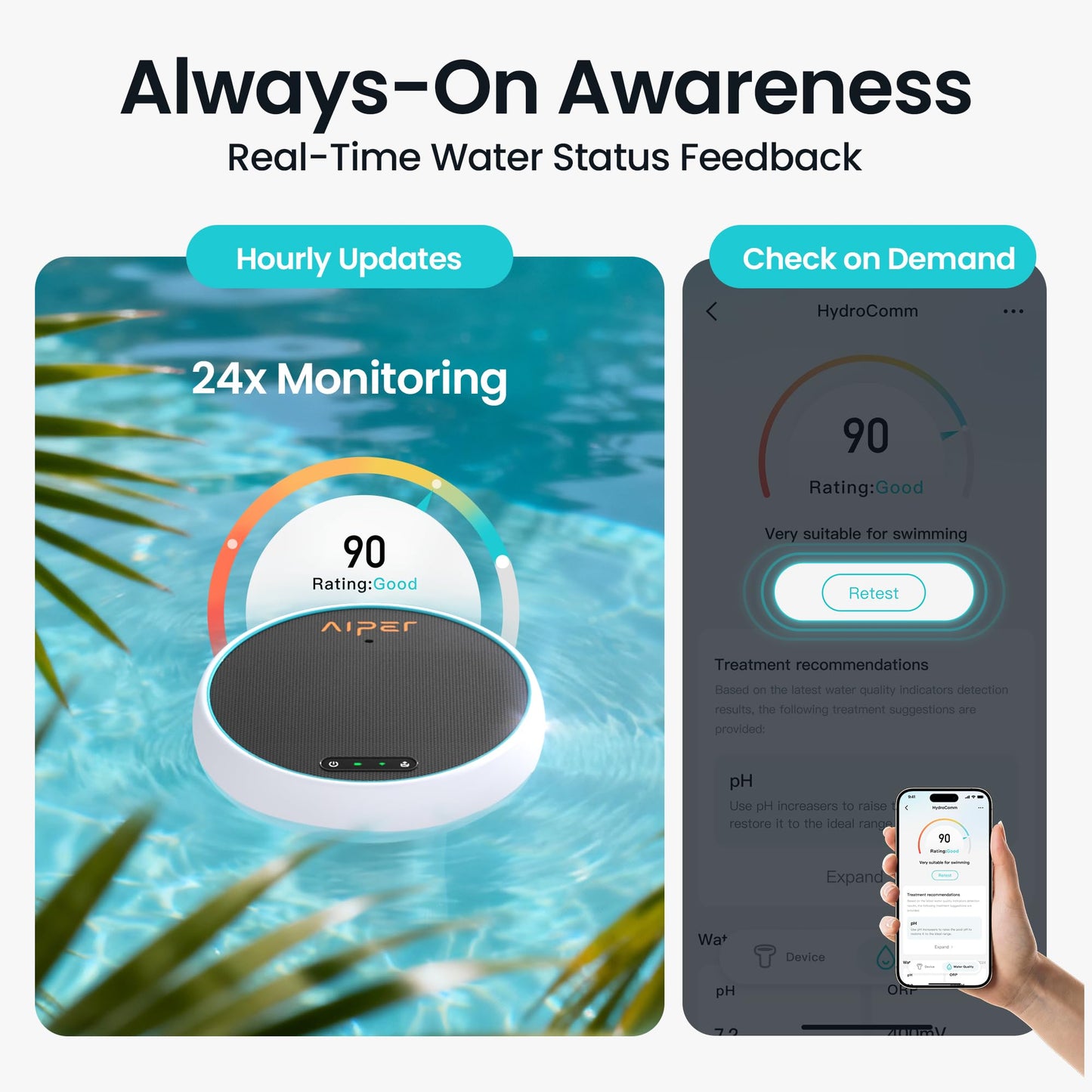 AIPER HydroComm Smart Pool Monitor, 24/7 Automatic Water Testing for Pools, Hot Tubs & Spas, 5-in-1 Accurate Digital Tester, App Control, Customized Optimization Tips, White