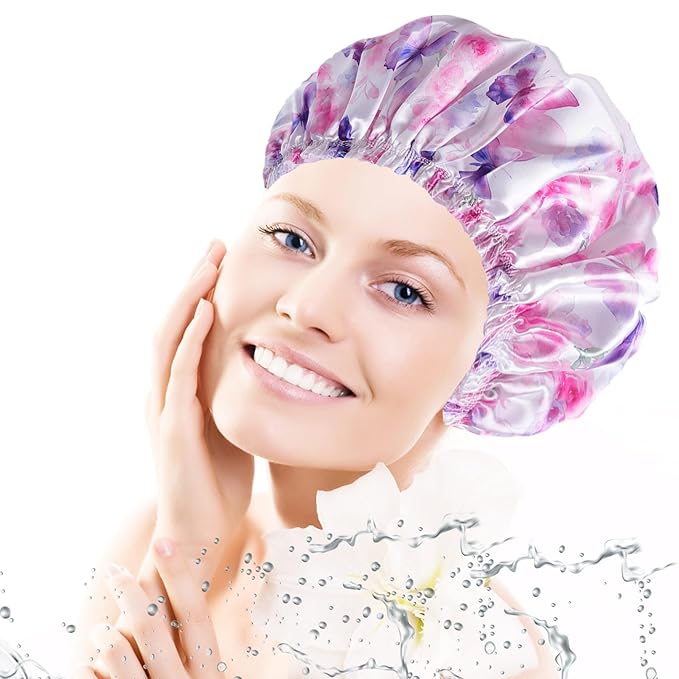 4 PCS Shower Cap for Women, Elastic and Reusable Bath Caps, Double Layers Shower Caps Reusable Waterproof, Bathing Shower Caps, Environmental Bath Hair Protection Cap - Butterfly C