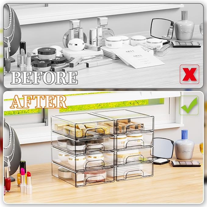 Yieach 2.2'' Tall Small Clear Stackable Storage Drawers,6 Pack Stacking Acrylic Organizers Drawers for Hair Accessories,Makeup,Pen,Art Crafts,Office Supply Organizer and Desktop Plastic Mini Drawers