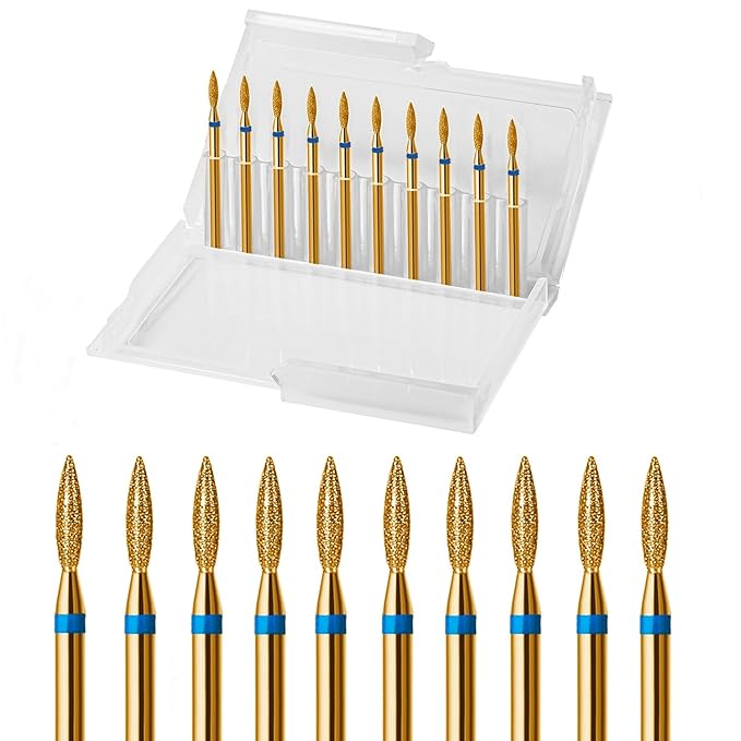 10pcs Diamond Flame Titanium Cuticle Drill Bits Set, Professional Cuticle Nail Drill Bits for Dead Skin 3/32'' Nails Dry Manicure Pedicure Shape Remove Nail Salon Tools(Gold, Medium-M)