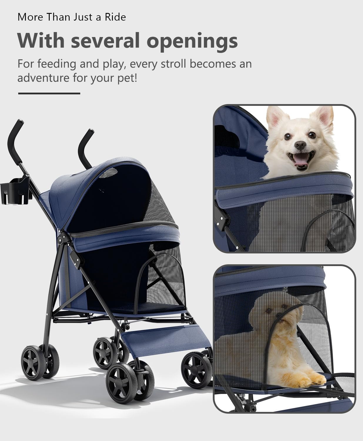 OS MOTOR Pet Stroller with 4 Wheels for Small/Medium Pets, Portable Travel Foldable Carrier Jogger for Dog Cat Puppy Kitty, Rear Wheel Breaks, Storage Basket, Visible Mesh Weather Cover (Navy Blue)