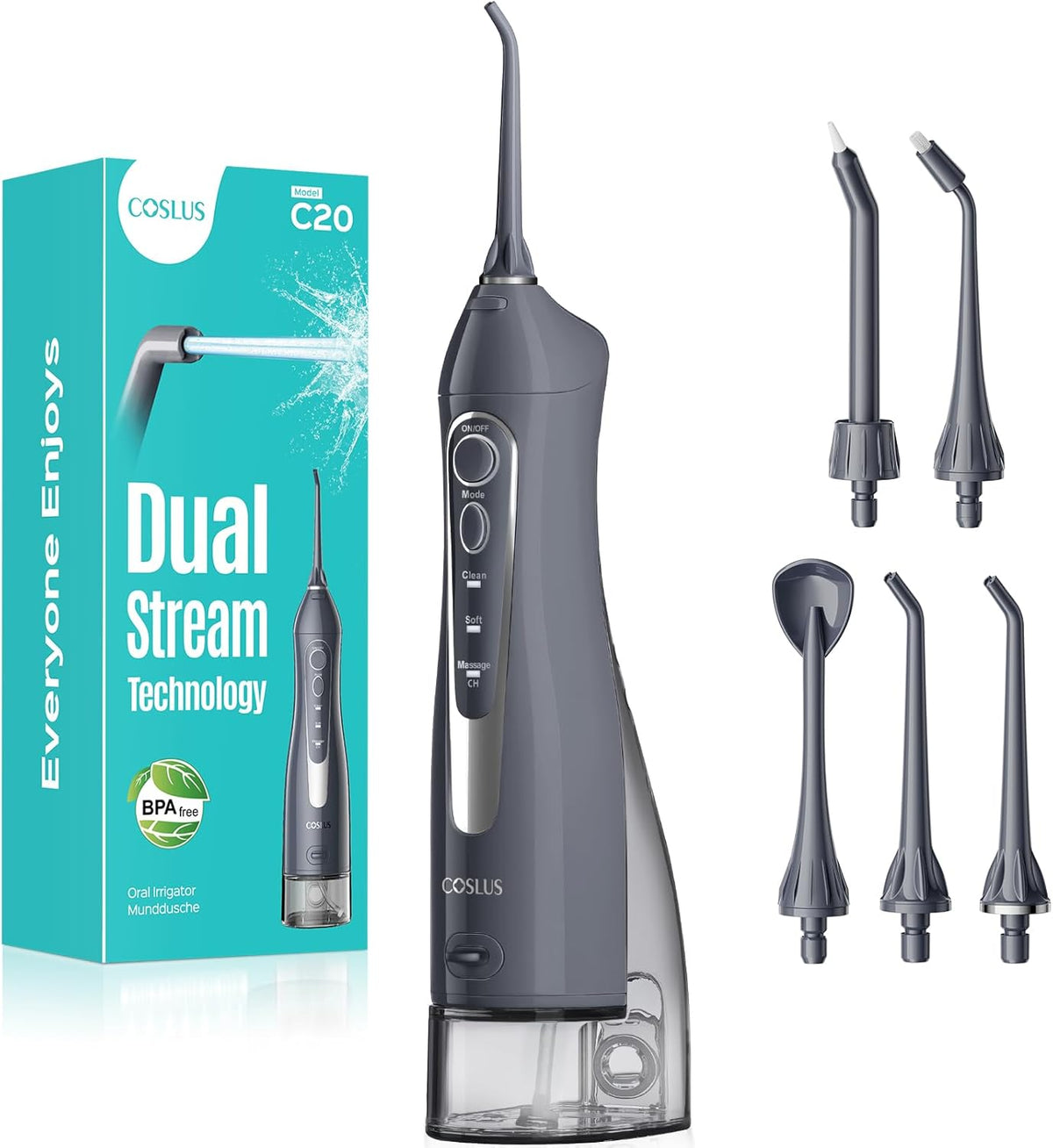 COSLUS Water Dental Flosser Teeth Pick C20: Portable Cordless Oral Irrigator 300ML Rechargeable Travel Irrigation Cleaner IPX7 Waterproof Electric Flossing Machine for Teeth Cleaning, Grey