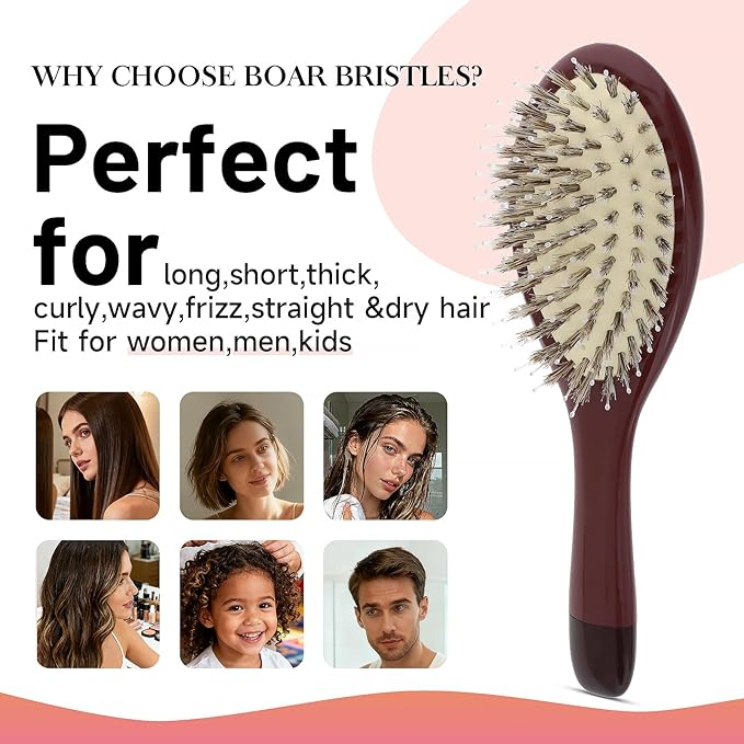 Boar Bristle Hair Brush -boar bristles + nylon pinsÃ¯Â¼Â Smoothes & Detangles All Hair Types, Hairbrush for Women, Men & Kids, Distributes Oils for Natural Shine & Stimulates Scalp