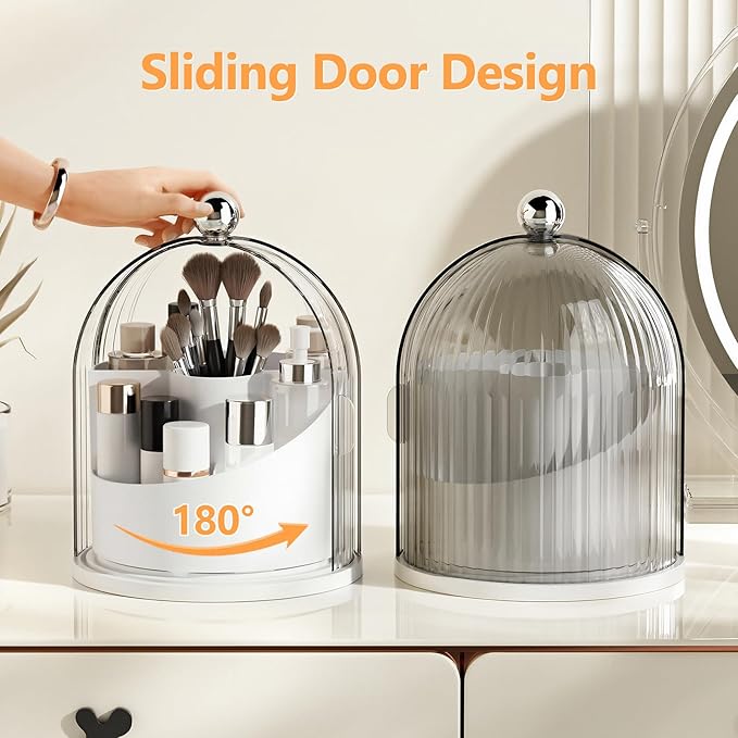 Makeup Brush Holder with Lid, 360ÃÂ° Rotating Cosmetic Organizer for Vanity, Covered Beauty Brushes Holder for Bathroom, Skincare Storage for Corner Countertop