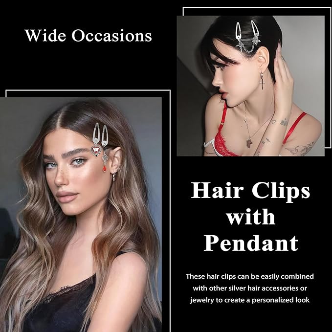 10PCS Red Hair Clips Small Dangle Silver Hair Clips Metal 9 Shapes Goth Cross Clip Snap Punk Y2K Hair Accessories for Women Girls