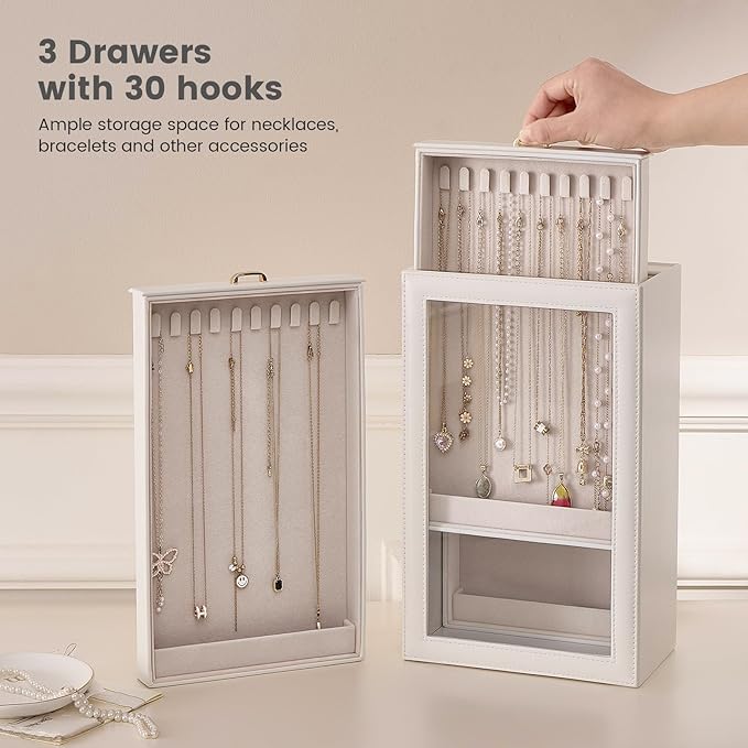 Lolalet Necklace Organizer Box, Jewelry Storage Box with Clear Window for Necklaces Bracelets, Tangle-Free Necklace Display Case for Women Girls -White, 3 Layers 30 Hooks