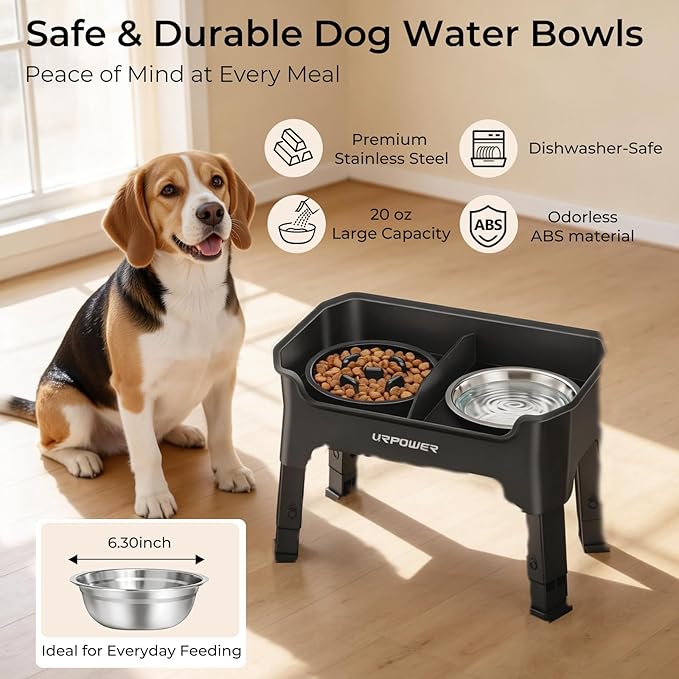 URPOWER Mess Proof Slow Feeder Dog Bowls 4 Height Adjustable Elevated Bowl Stand with Stainless Steel Water Bowl and Slow Feeder Non-Slip Dog Food Bowls Stand for Small & Medium Dogs