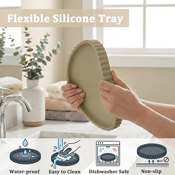 Silicone Bathroom Vanity Tray, Modern Round Decorative Tray for Countertop, Waterproof & Unbreakable Cosmetic Perfume Organizer, Extra-Thick & Sturdy, Easy to Clean Candle Tray (9 Inch, Khaki)