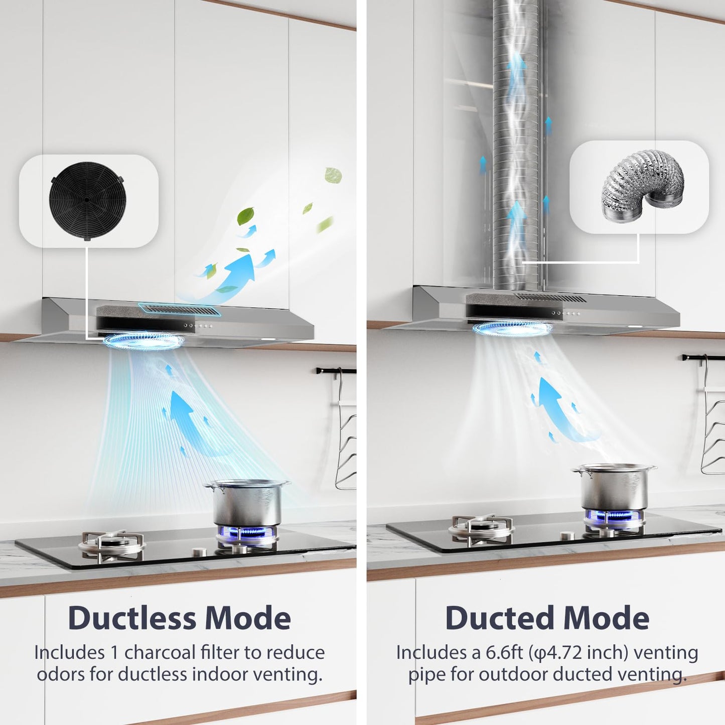 GRACEALL 30 Inch Under Cabinet Range Hood - Ductless Vent Hood Convertible to Ducted, Stainless Steel Kitchen Stove Extractor, Oven Exhaust Fan with Reusable Aluminum Filters and Charcoal Filter