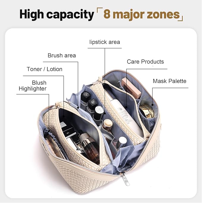 BOYATU Travel Makeup Bags for Women: Large Capacity Make up Bag with Wide Opening - 3 Pcs Set Waterproof Travel Toiletry Organizer for Full-Sized Bottles, Cosmetics & Brushes (Apricot-W)