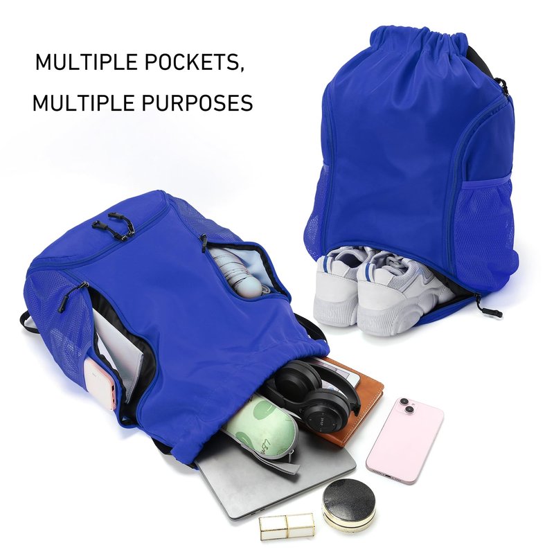 Valleycomfy Sports Gym Bag Drawstring Backpack with Shoes Basketball Bag and Two Water Bottle Holder,Sapphire Blue