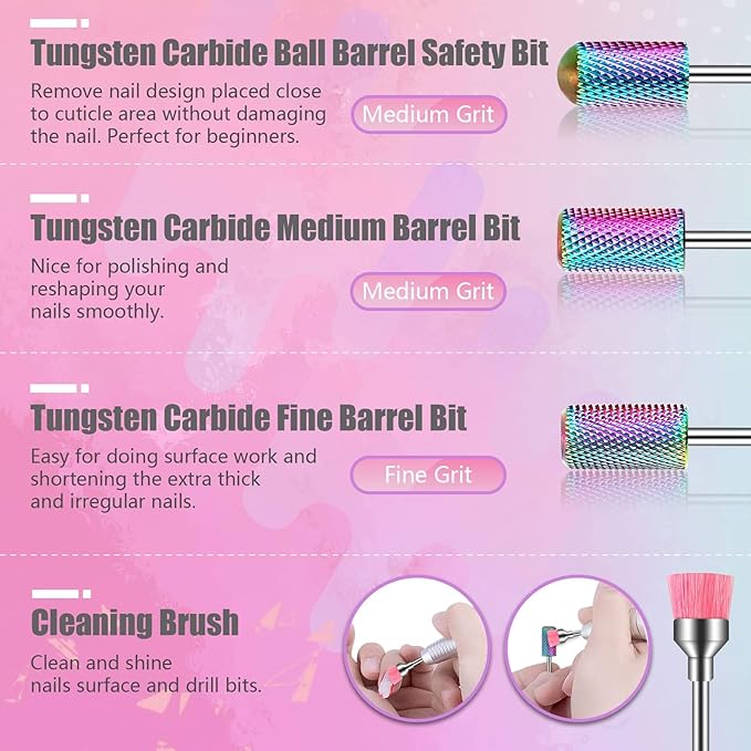 Depvko 21Pcs Nail Drill Bits Set with Portable Pink Case, 3/32 Inch Drill Bits for Nails, Ceramic Diamond Carbide Cuticle Nail Bits effile Remover Bits bits for Home Salon Acrylic Gel Nail Polish