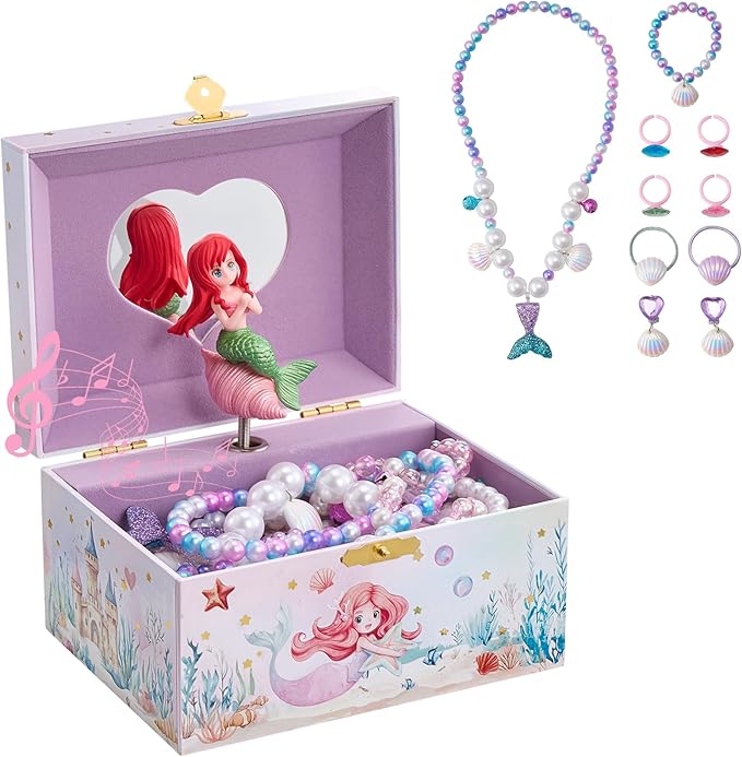 ProCase Mermaid Jewelry Box for Girls, Kids Musical Jewelry Boxes with Spinning Mermaid Doll, Birthday Christmas Gifts for Little Girls Children Toddler Ages 3 4 5 6 7 8 -Mermaid (Box with Jewelry)