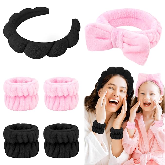 6 Pcs Terry Cloth Makeup Removal and Skincare Headbands with Sponge Wristbands for Shower and Spa