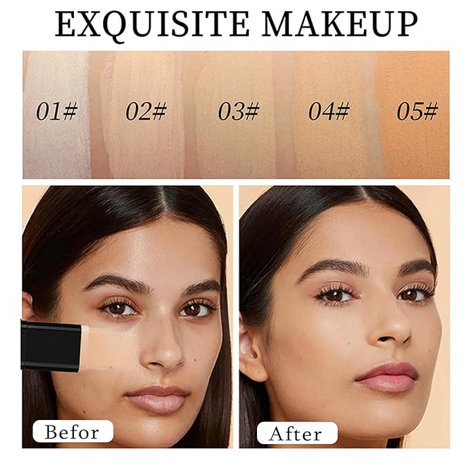 Foundation Stick, 2 in 1 Dual-Ended Long-Lasting Concealer Korean Foundation Contour Stick, Waterproof Contouring foundation with Brush, Full Coverage Matte Finish for Face Makeup(01#IVORY)