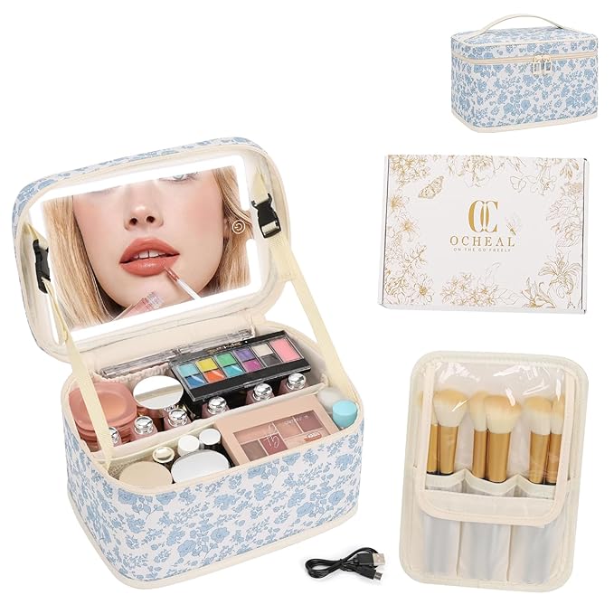 OCHEAL Makeup Bag With LED Mirror, Travel Makeup Bag With 3 Color Setting Light Up Mirror Cosmetic Organizer Vanity Case for Women Beauty Tools Accessories Rechargeable Makeup Travel Bag-Black
