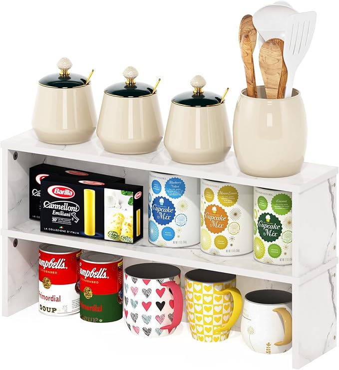 Furinno Helena Kitchen Counter Stackable Organizer Shelf, Set of 2, 23-Inch, Marble White