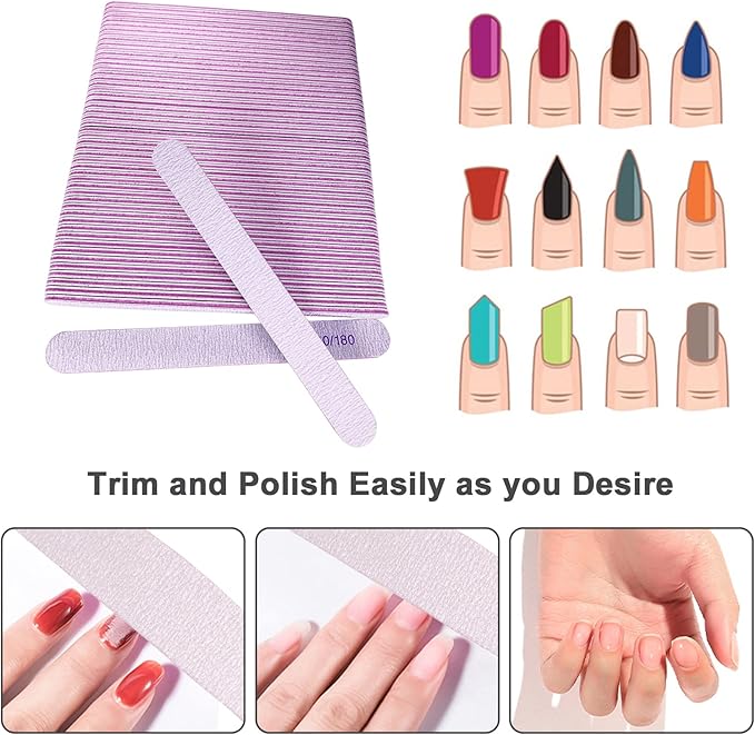 50 Pcs Nail File, Emery Board Nail Files for Acrylic Nails and Natural Nails, 100/180 Grit Double Sided Fingernail File Gel Nail Professional Reusable Washable Manicure Pedicure Kit Set Gray