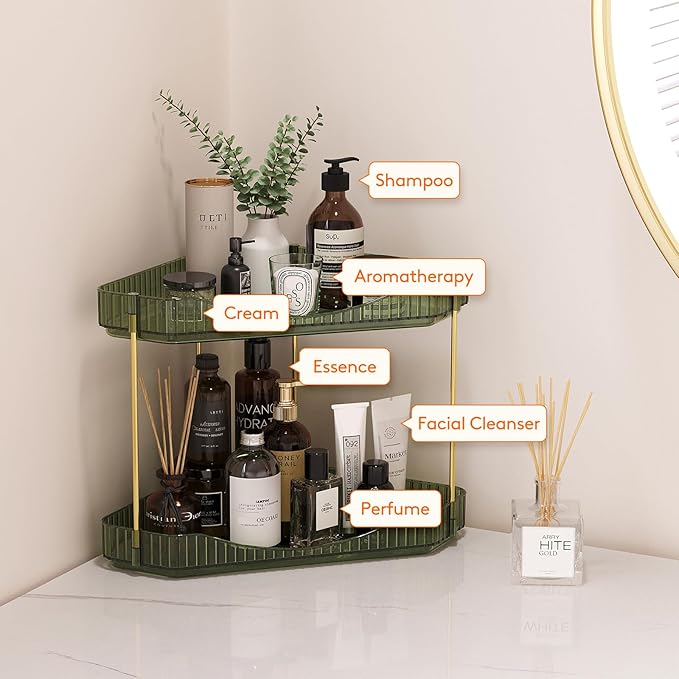 Lifewit 2-Tier Corner Bathroom Counter Organizer, Plastic Makeup Skincare Organizers Storage Countertop, Large Sink Cosmetic Perfume Shelf for Bedroom, Dresser, Kitchen, Vanity, Green, 25 cm/10inch(H)