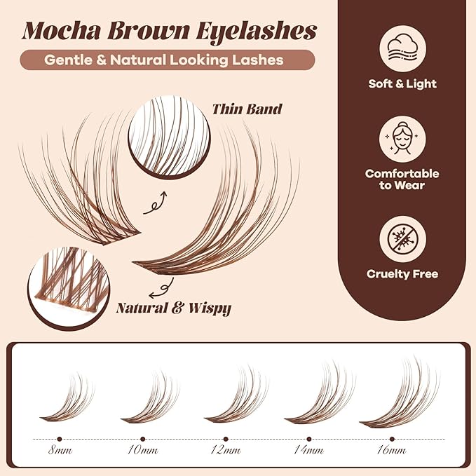 B&Q Brown Lash Clusters Kit Natural Mochalash Clusters 03, Wispy Eyelash Clusters Kit C-Curl Cluster Eyelash Extensions 8-16mm Brown Lash Eyelashes Kit for Fair/Dark Hair(Mochalash 03 Set)