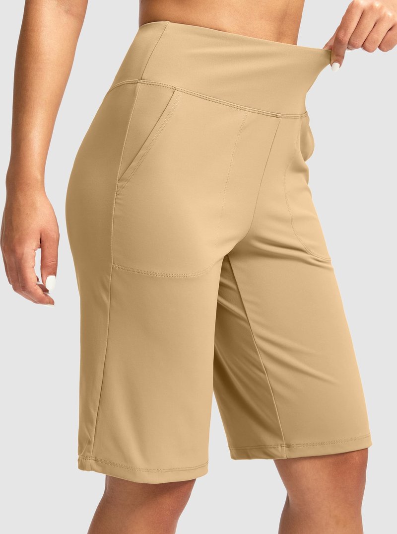 Women's Bermuda Shorts 12" Knee Length with Pockets High Waisted Stretch Long Shorts for Women Casual Walking (Khaki, L)