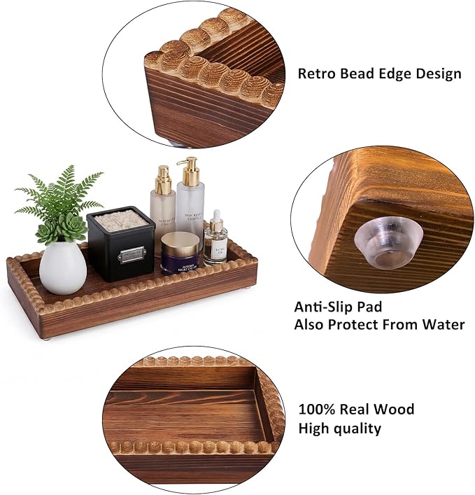 Bathroom Counter Organizer Tray, Wooden Countertop Vanity Trays with Beaded Edge, Farmhouse Decorative Tray Stand for Toilet Tank Candle Sink Kitchen Coffee Bar