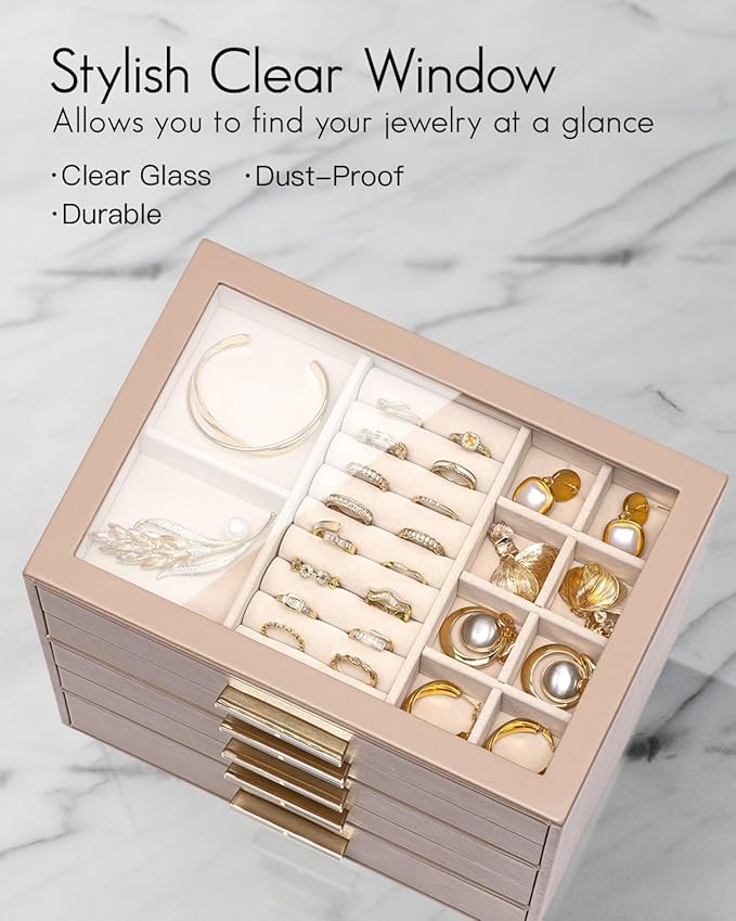 VLANDO 5 Layer Jewelry Box for Women, Glass Lid Jewelry Organizer with 5 Drawers for Necklaces Rings Earrings Bracelets - Toffee