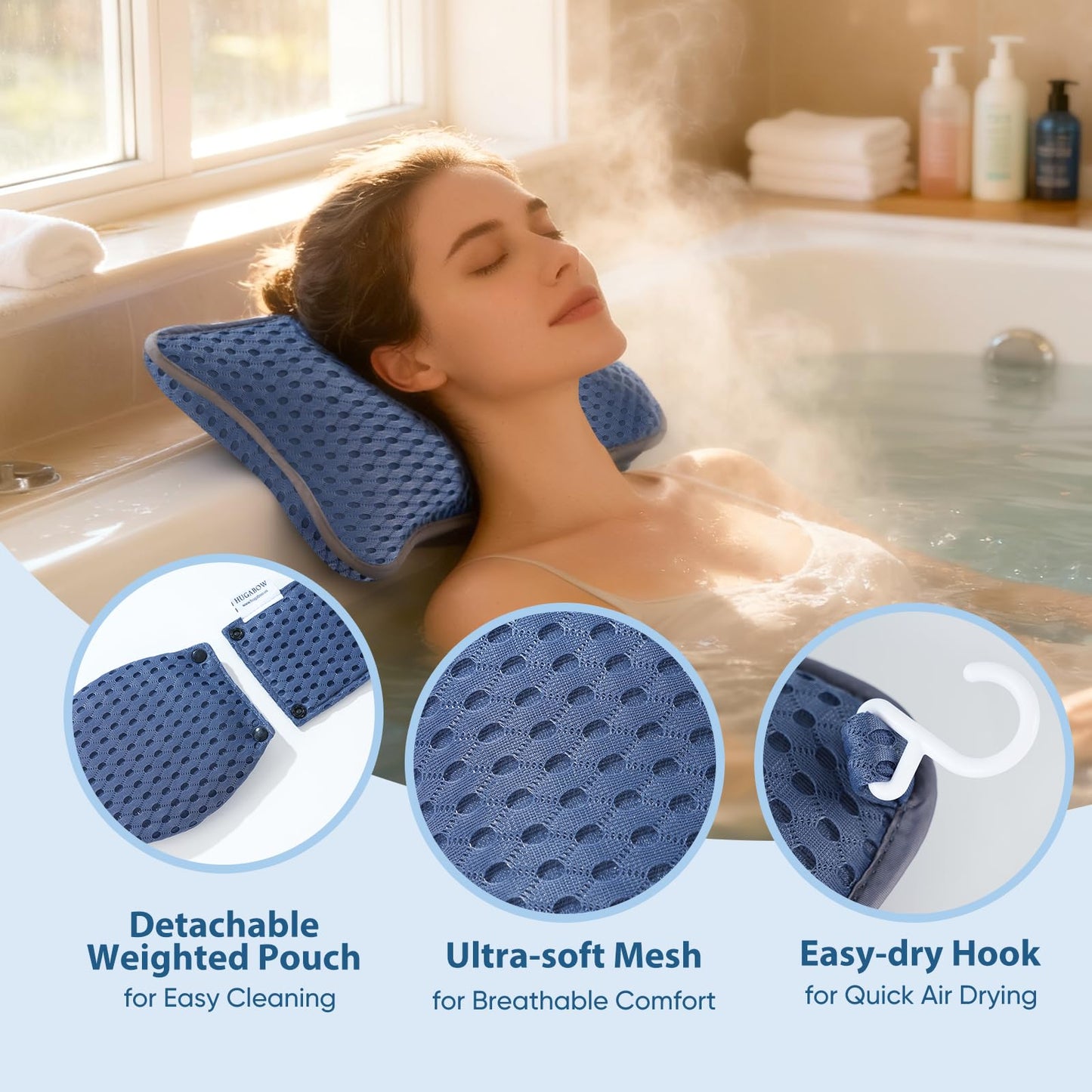 HUGABOW 2-Pack Large Pillows for Hot Tub (Blue), Spa & Chaise Lounge – Universal Headrest & Neck Support Cushion with Removable Weighted Pouch, Long Strap for Height Adjustment & Easy-Dry Hook