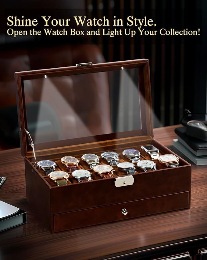 GUKA Watch Box 12 Slot Watch Display Organizer Leather Jewelry Case Drawer Glass Birthday for Men Women, Child Husband Dad GK-012-BROWN-LED-24