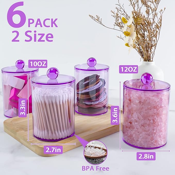 XIPENGKEJI 6 Pack Qtip Holder,Canister Apothecary Jar Set, Bathroom Jars with Lids Set for Cotton Swabs, Balls, Pads, Floss Picks,10oz-12oz Plastic Canisters Restroom Bedroom Vanity Organizer(Purple)